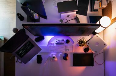 modern workspace with gadgets and technology